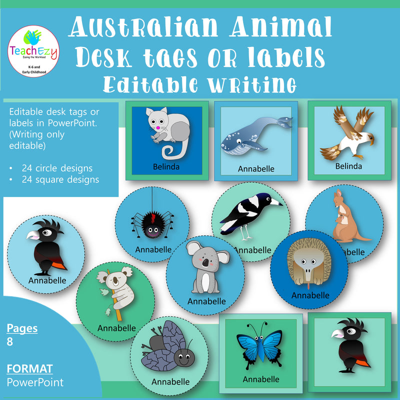 Australian Animal Desk Tags or Labels Editable