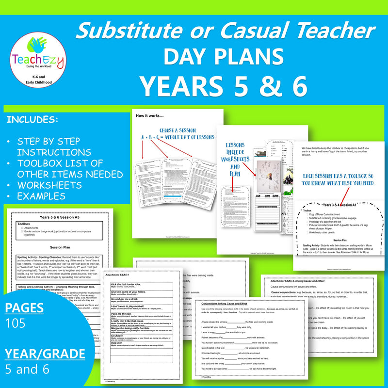 Substitute or Casual Teacher Day Plans Year 5 and 6