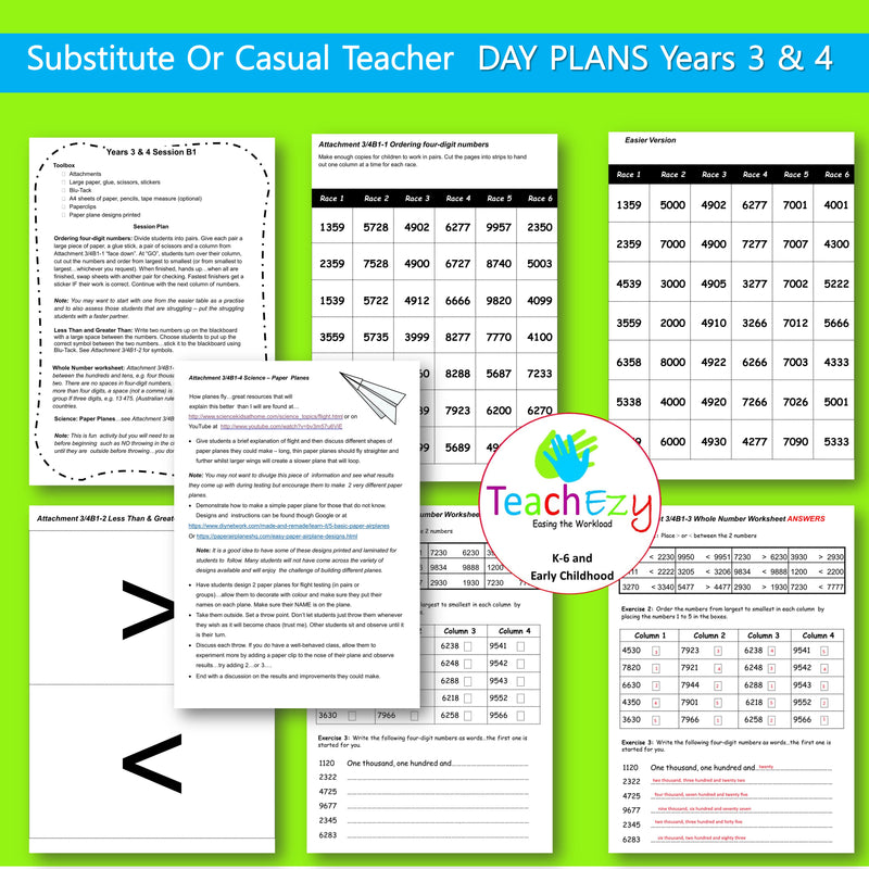 Substitute Teacher Day Plans for Years 3 and 4 (1 week)
