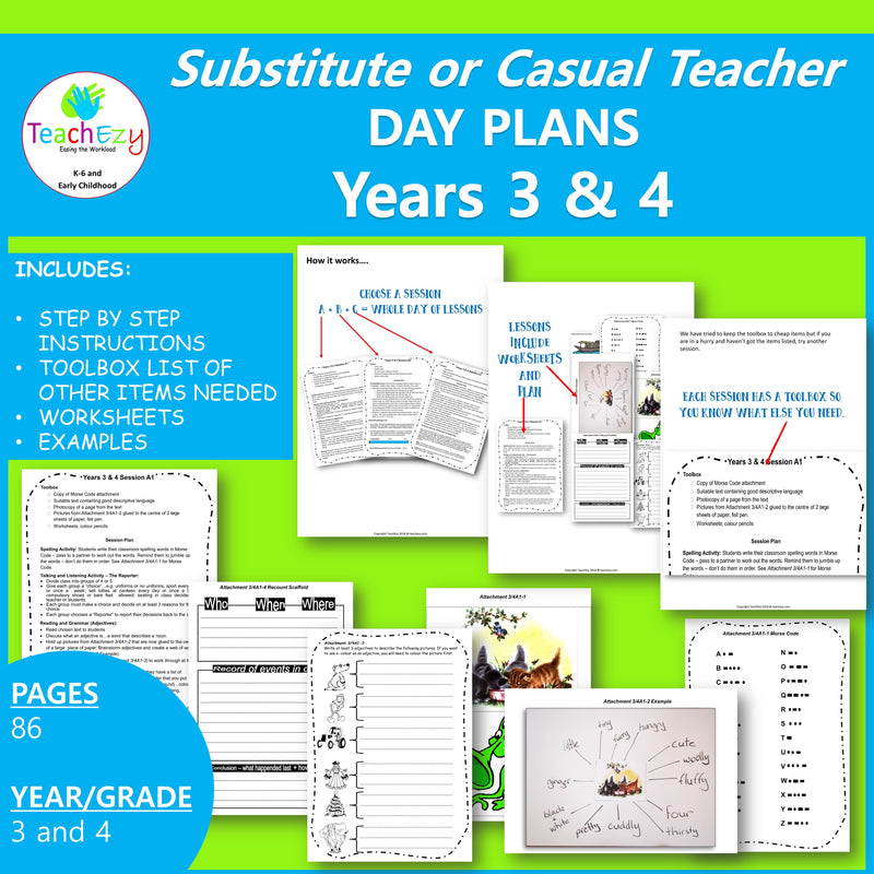 Substitute Teacher Day Plans for Years 3 and 4 (1 week)